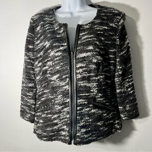 EUC! Vintage Notations Soft Zip Up Black Gray Faux Leather Trimmed Sweater
